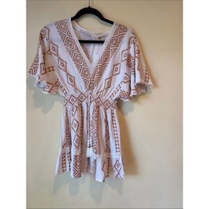 Surf Gypsy White & Tan Boho V-Neck Mini Dress